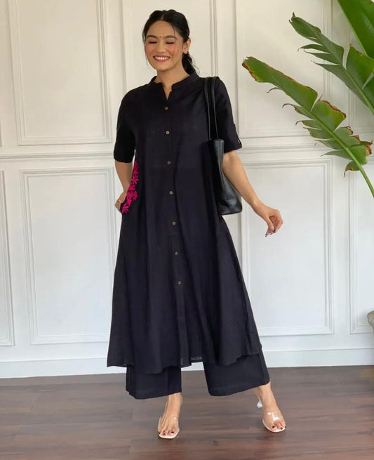 Elegant Black Layered Embroidered Cotton Kurta and Plazo Set with Pockets