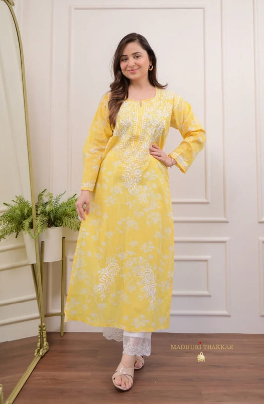 YELLOW CHIKANKARI EMBROIDERED STRAIGHT MUL COTTON KURTI