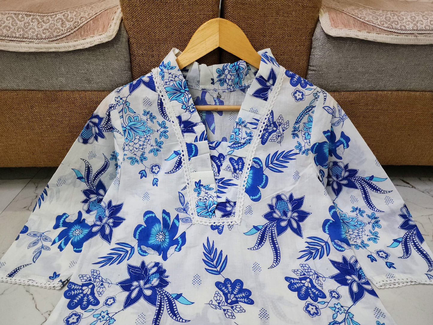 BLUE FLORAL A LINE PREMIUM 100% COTTON KURTA SET