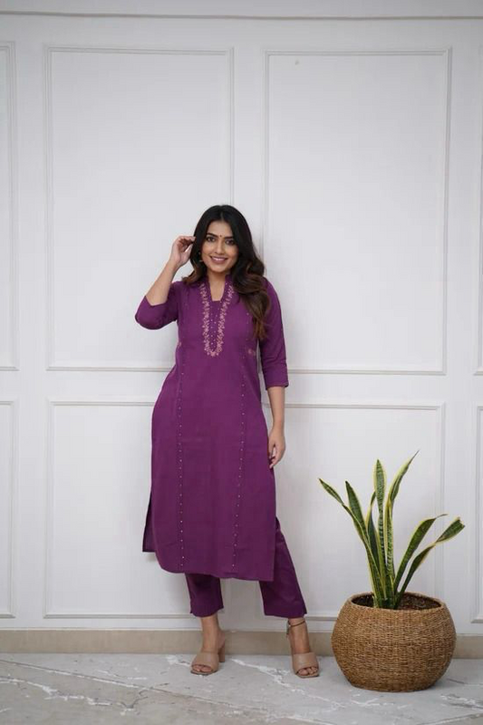 WINE EMBROIDERED INDIAN COTTON SALWAR KAMEEZ STRAIGHT KURTI PANT CO ORD SET