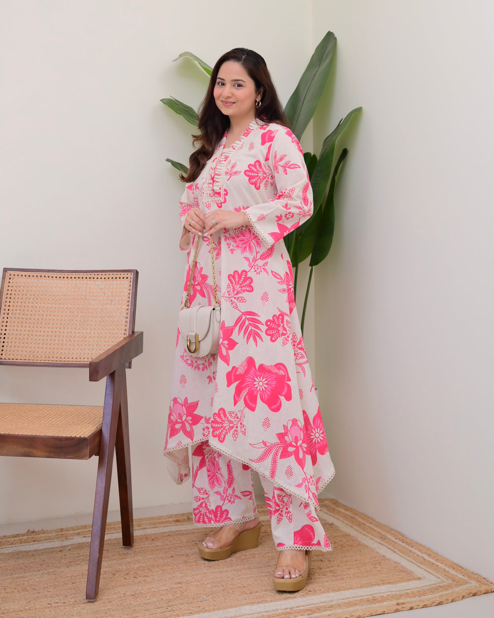 PINK FLORAL A LINE COTTON KURTA SET