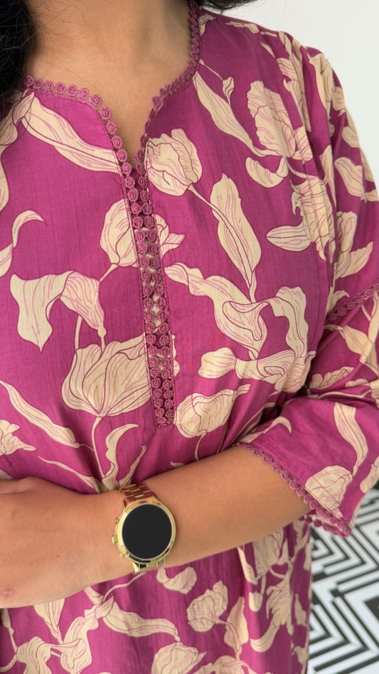 Premium Pink Floral Cotton Kurta & Pant Set