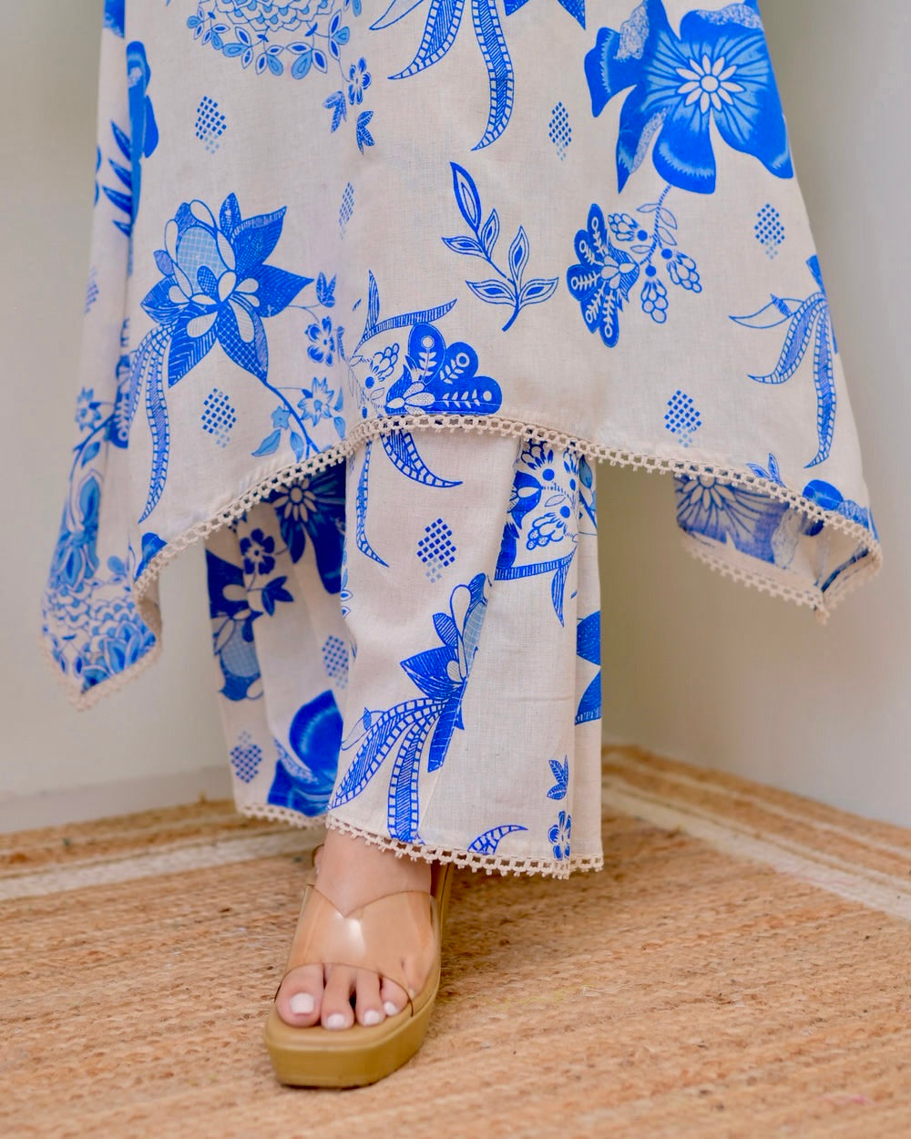 BLUE FLORAL A LINE PREMIUM 100% COTTON KURTA SET