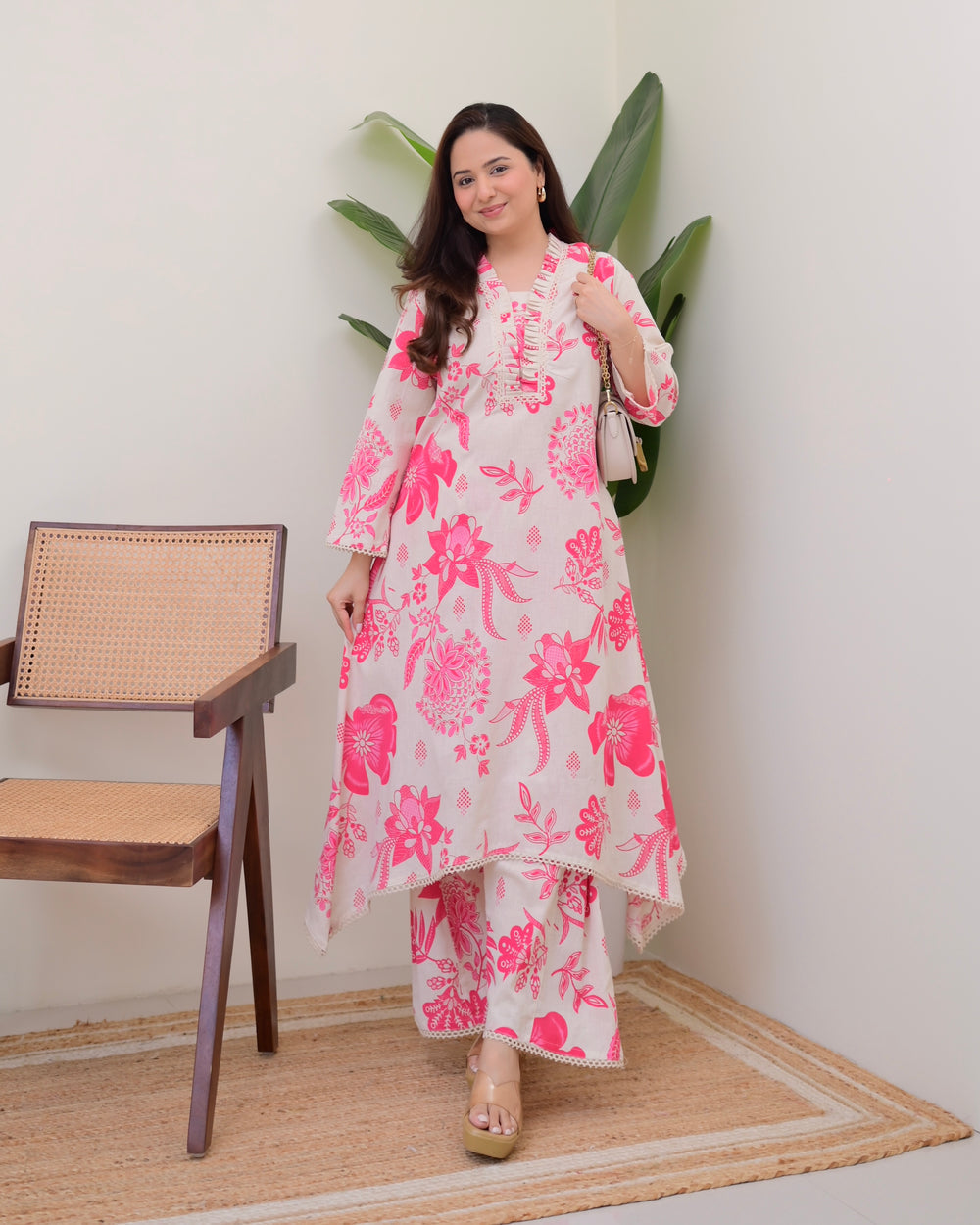 PINK FLORAL A LINE COTTON KURTA SET