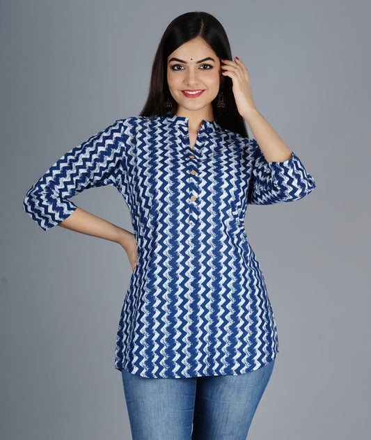 Women Rayon Printed Short Tunic Top V Neck Button Kurti (Navy Blue)