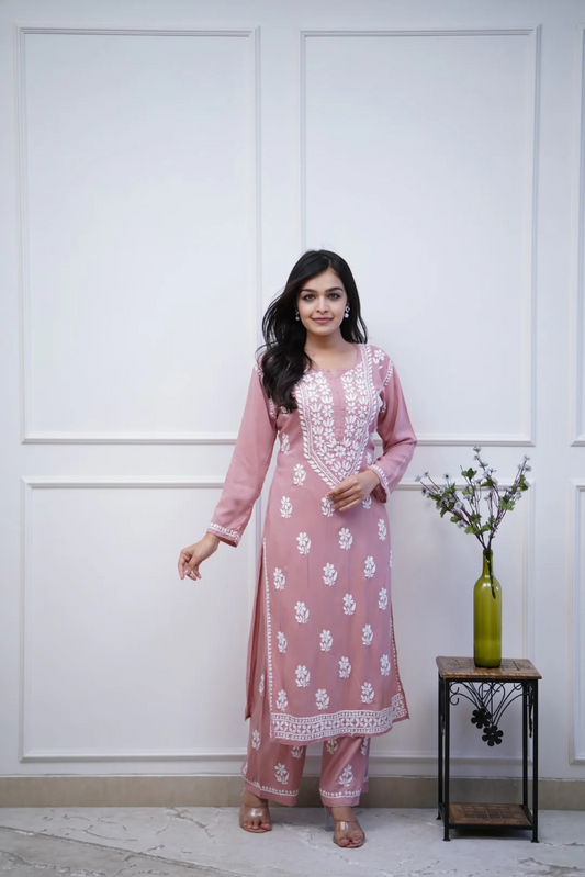 PINK CHIKANKARI EMBROIDERED INDIAN PAKISTANI TRADITIONAL STRAIGHT SALWAR KAMEEZ KURTI PANT SET FOR WOMEN