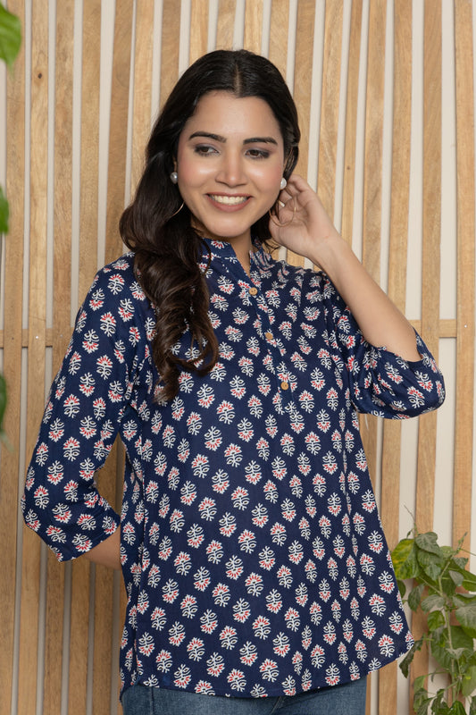 NEW FLOWER PRINT TUNIC KURTI(NAVY BLUE )