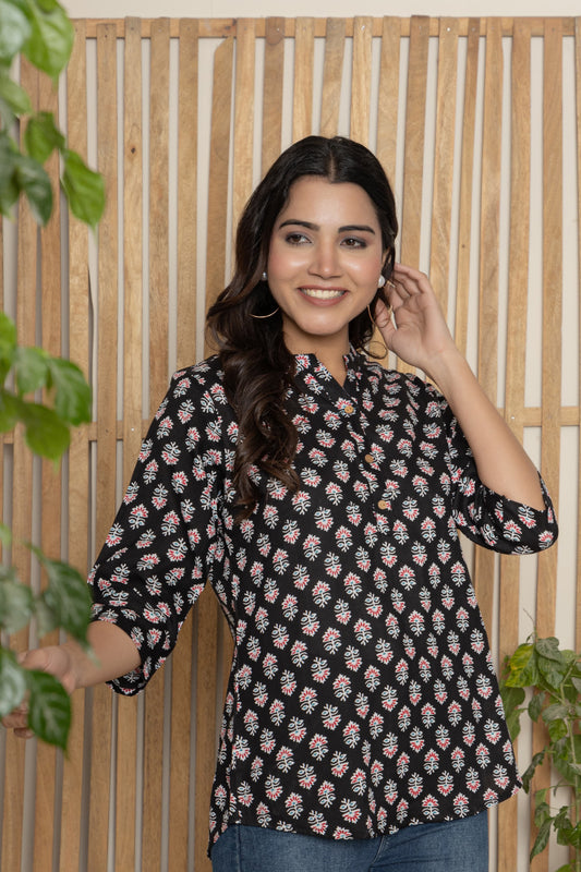 NEW FLOWER PRINT TUNIC KURTI(BLACK)