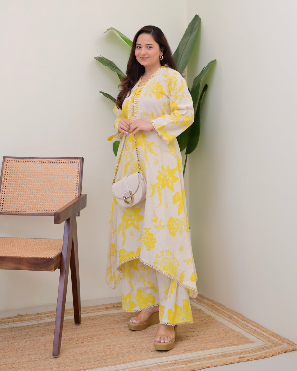 YELLOW FLORAL A LINE COTTON KURTA SET