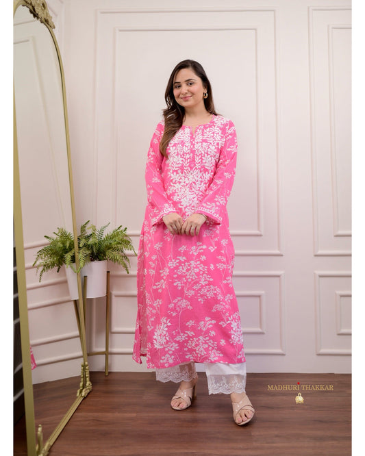 PINK CHIKANKARI EMBROIDERED STRAIGHT MUL COTTON KURTI