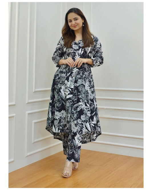 Monochrome Bloom Cotton Kurta Set