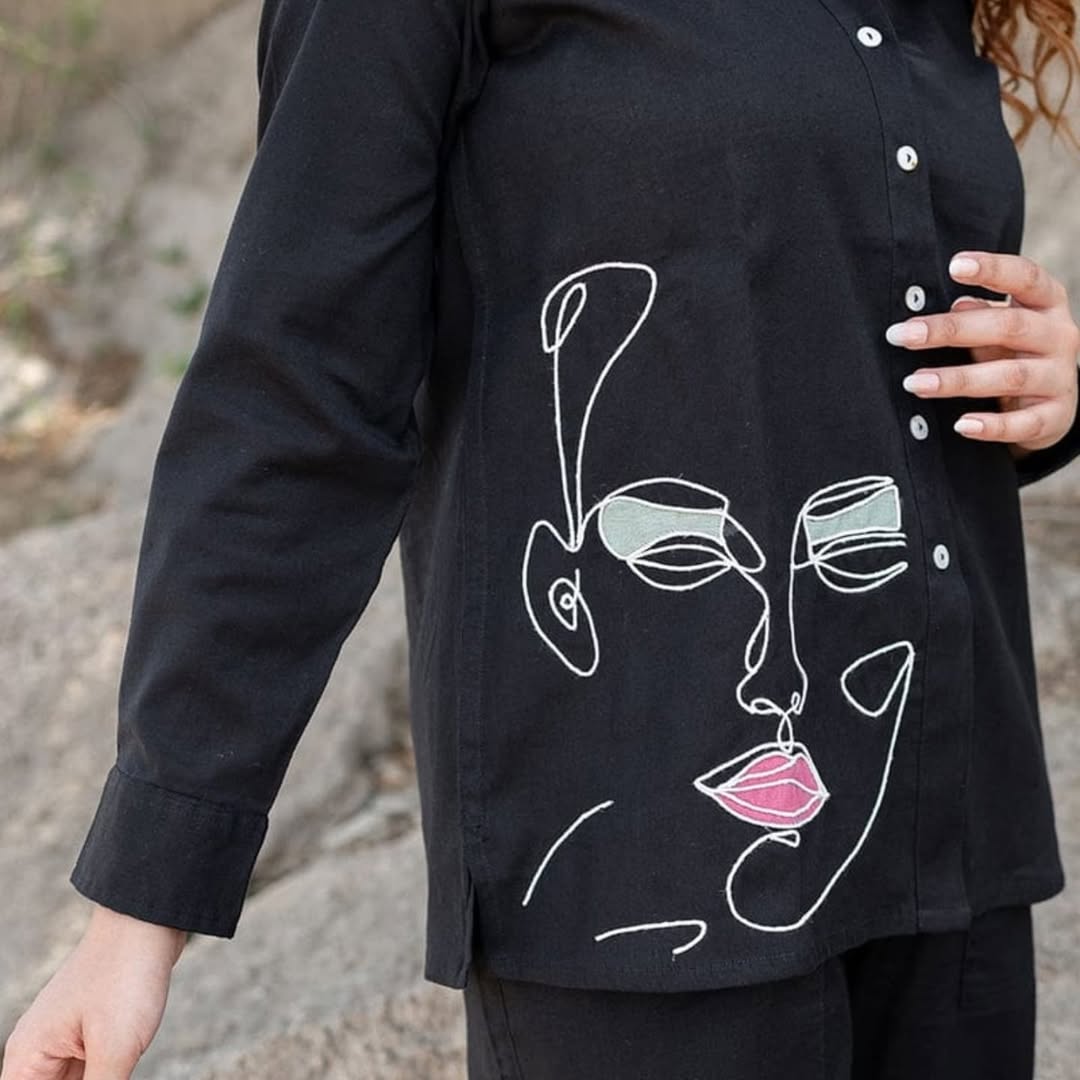 Off Black Embroidered Cotton Flex Co-Ord Set