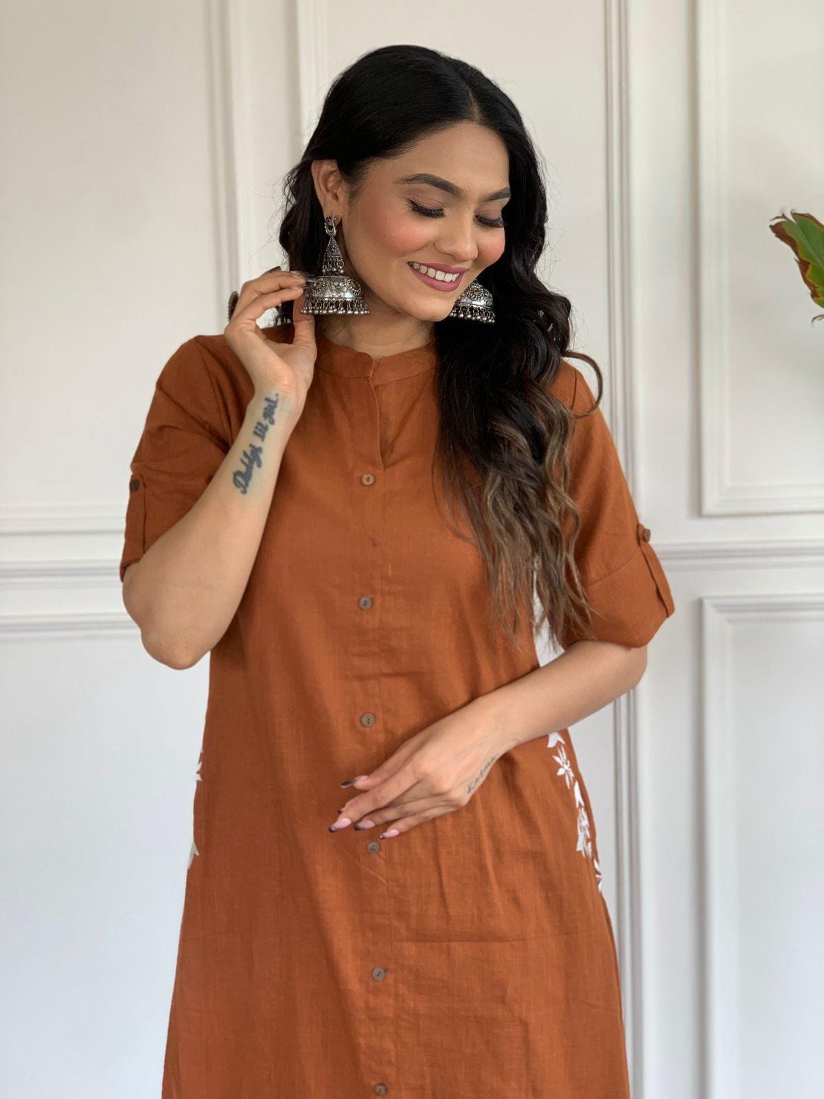Brown Rust Embroidered Cotton Kurta And Palazzo Set with pocket
