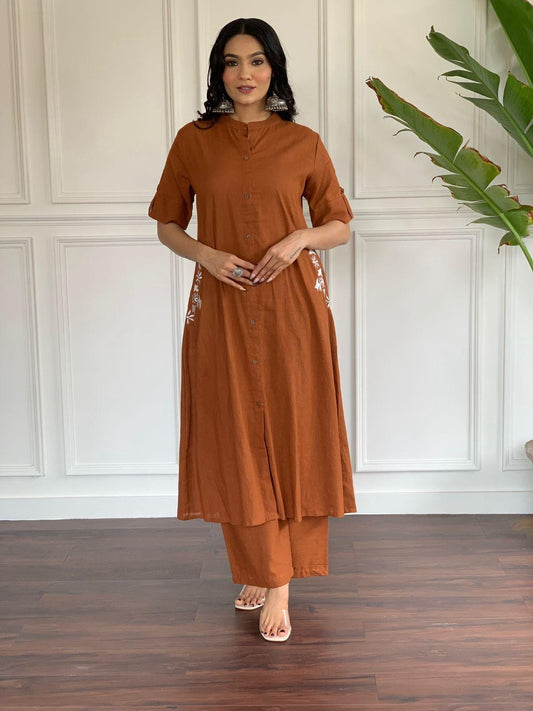 Brown Rust Embroidered Cotton Kurta And Palazzo Set with pocket