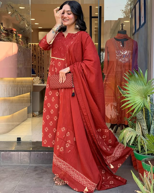 Cotton Block Printed Kurta with Pant and Designer Printed Dupatta
