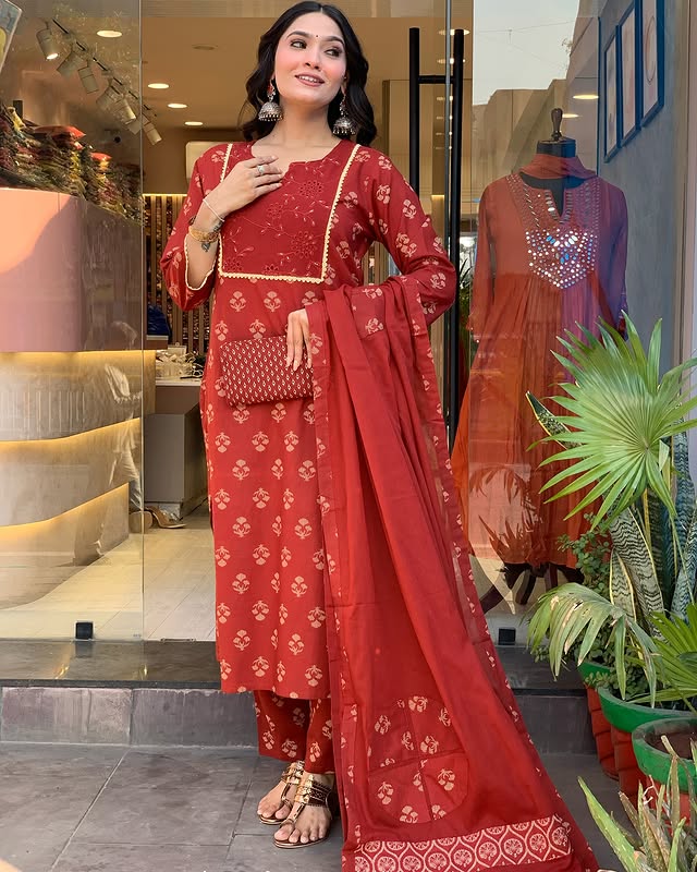 Cotton Block Printed Kurta with Pant and Designer Printed Dupatta