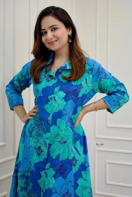 Tropical Blue Floral Cotton Kurta Set