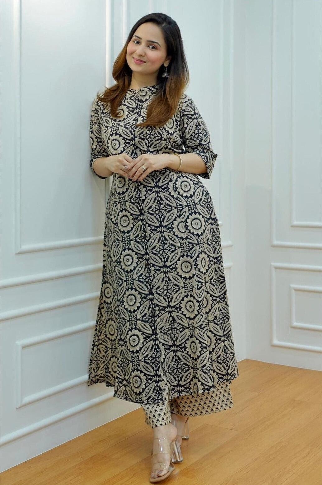 Elegant Black & Beige Handblock Cotton Kurta Set