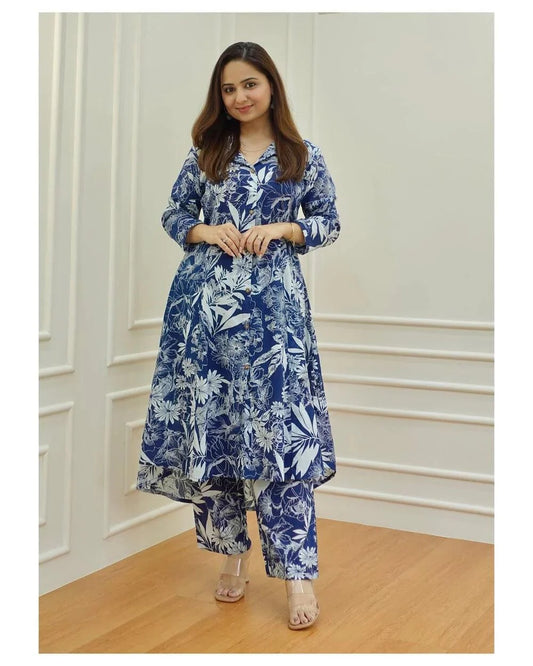 White Floral Garden Print Cotton Kurta Set