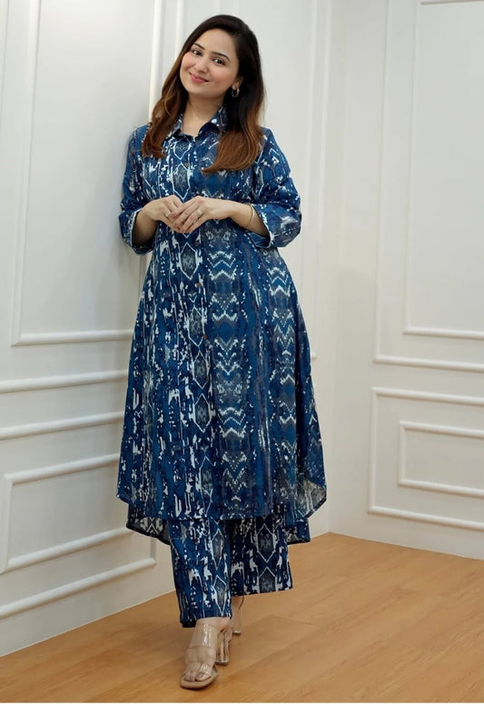 Indigo Abstract Ikat Cotton Kurta Set