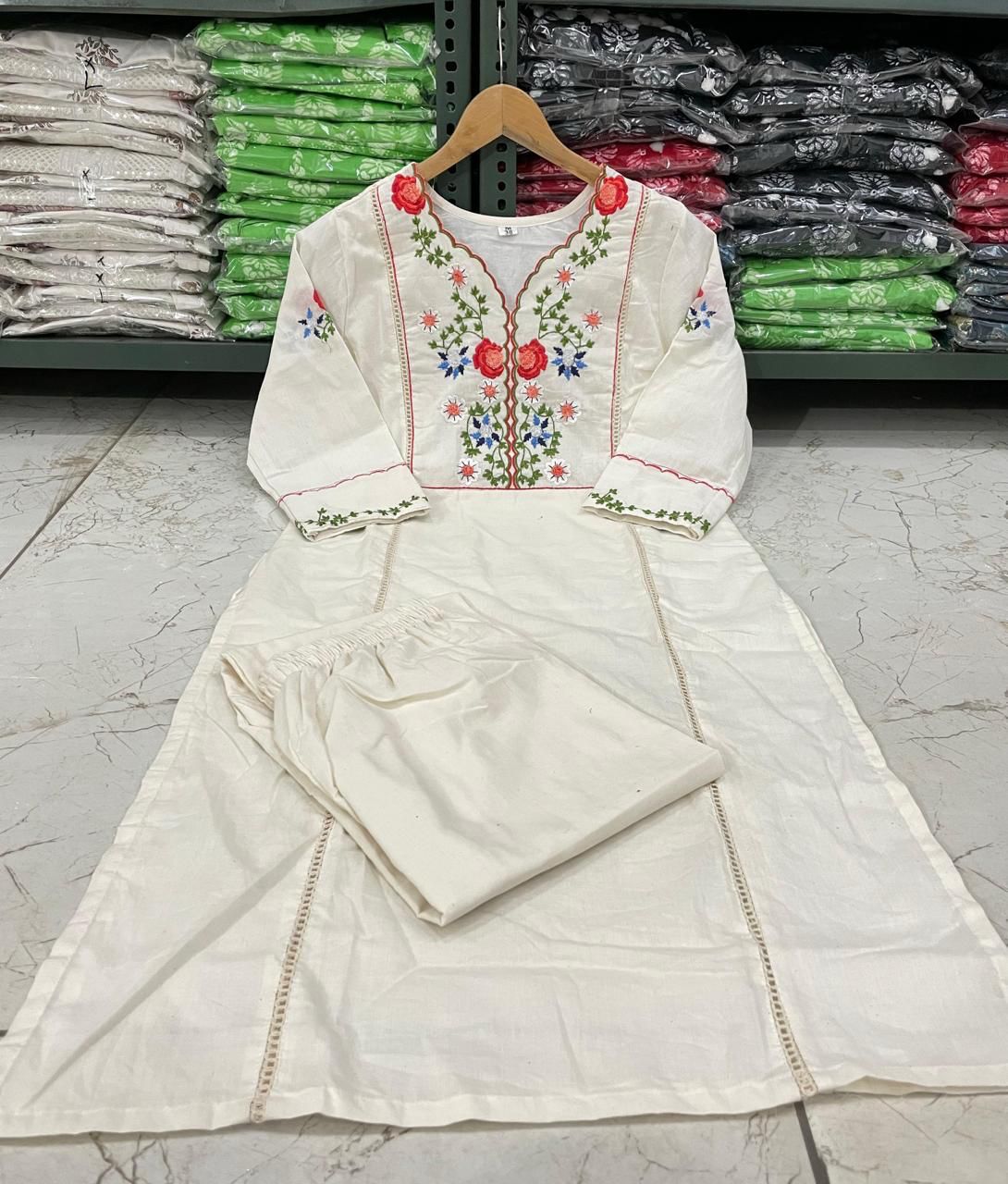 Off White Embroidered Cotton Kurta and Pant Set