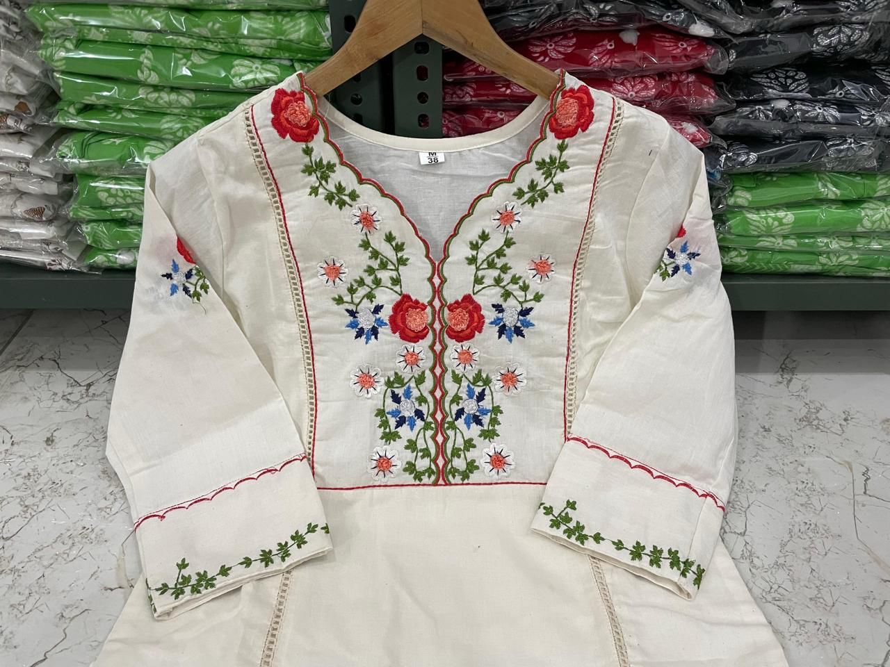 Off White Embroidered Cotton Kurta and Pant Set