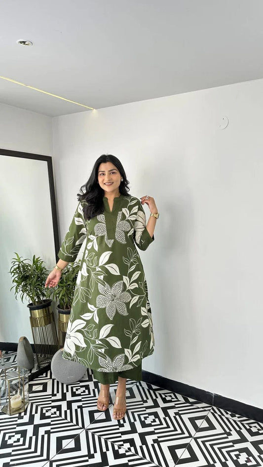 Green Floral Printed Cotton Kurta and Pant Set