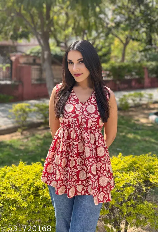 Rayon Sunflower Print Alia Cut Kurti for Women | Stylish Sleeveless Casual Top