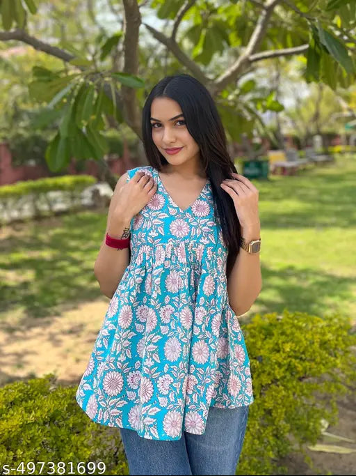 SIRARI Women's Blue Rayon Sunflower Print Aaliya Cut Short Kurti | Stylish & Comfortable Daily Wear Top